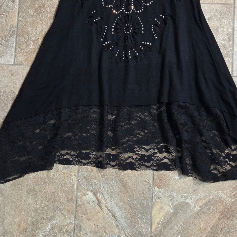 Vocal USA Black Rhinestone Laser Cut Lace Hem Tunic Mini Dress M  Y2K Edgy - Picture 8 of 11